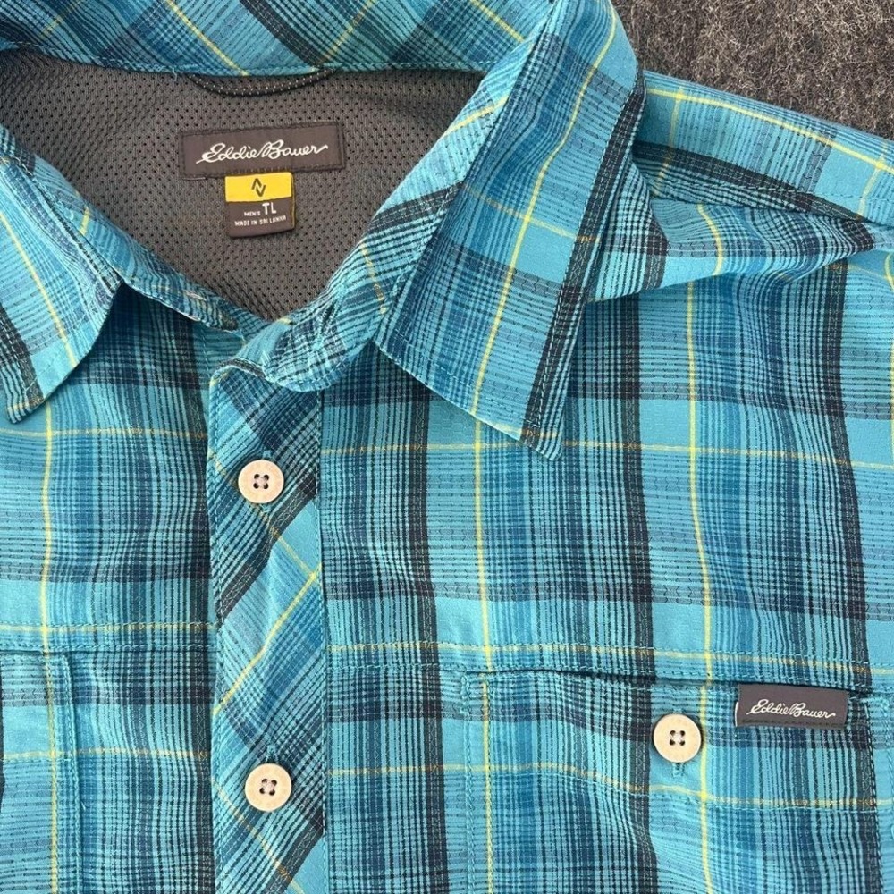 Eddie Bauer Mens Large Tall Blue Green Plaid Button Down Shirt Hiking Fishing - Picture 4 of 4